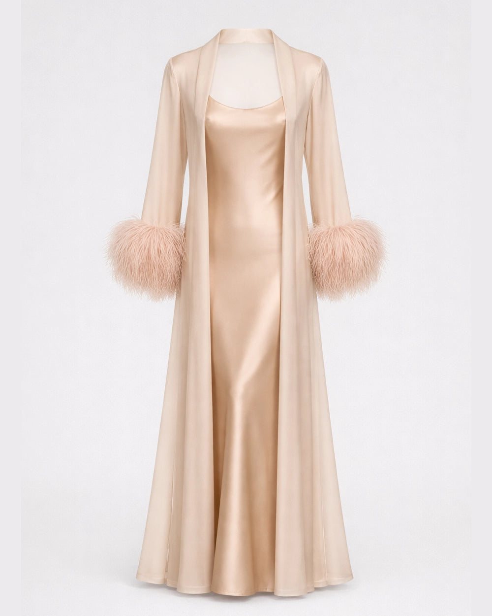 BABUSH Amélie satin bridal robe met sheer kimono en feather cuffs in champagne kleur, voorkant